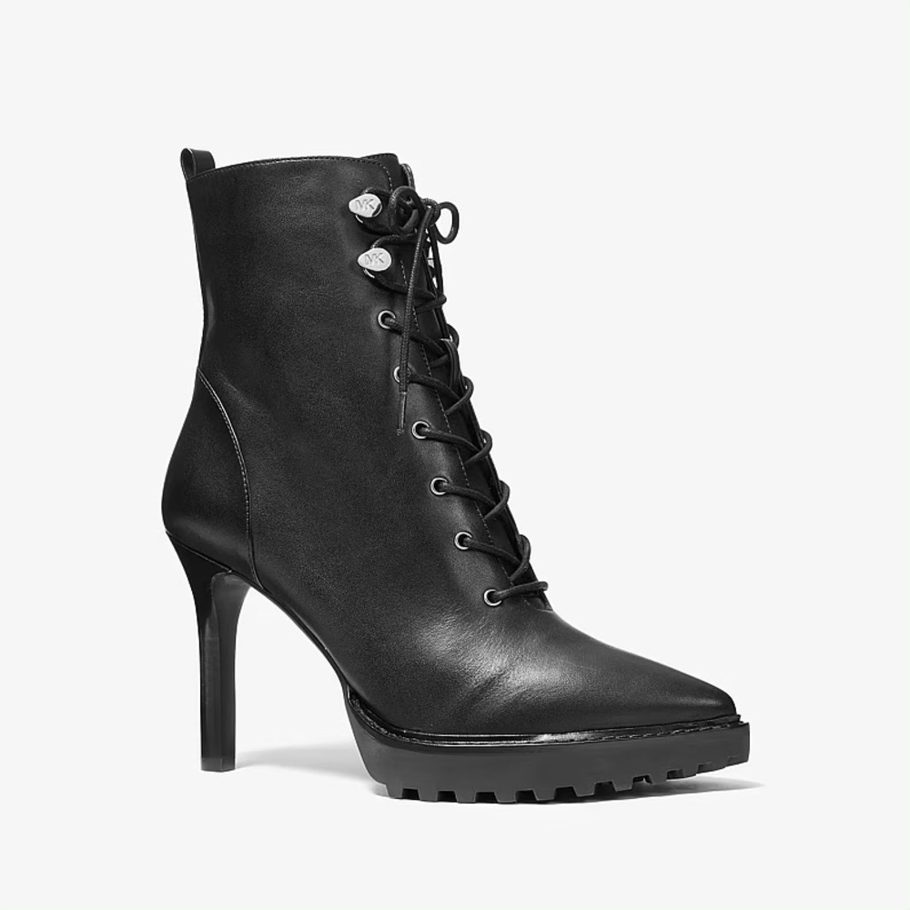 $295 NWOT Michael Kors Black Leather Kyle Lace-up Pointed Toe Edgy Ankle Boots 7